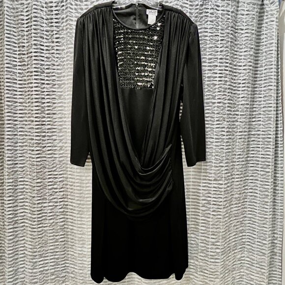 Vtg 1980s Holiday Cocktail Dress Gilberti XL or 2XL Black Sequins Draped Bodice - Picture 1 of 12